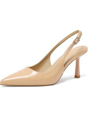 Women's Tan Slingback Pointed Toe Kitten Stiletto Heel with Buckle Comfortable